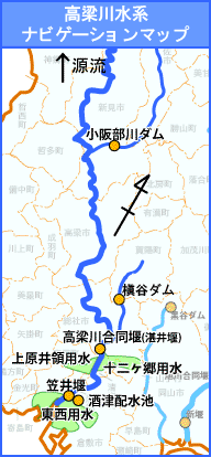 高梁川水系の農業用水を地図に示しています。