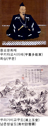 중요문화재 우키타요시이에(宇喜多能家) 화상(부분)/우라가미교쿠도(浦上玉堂) 남촌방설도(南村訪雪圖) 