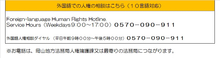 外国語での人権に関する相談窓口　電話番号は０５７０ー０９０－９１１