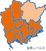 インフルエンザレベルマップ（全県、岡山市、倉敷市、備前、備中、備北、真庭Lv3、他Lv2）