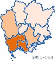 インフルエンザレベルマップ（全県、倉敷市、備中Lv3、岡山市、備北Lv2、その他Lv1）