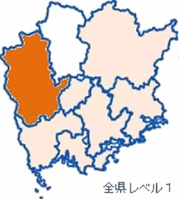 感染性胃腸炎レベルマップ(備北Lv3,真庭Lv0,その他Lv2）