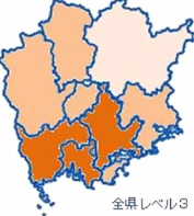 インフルエンザレベルマップ（全県、岡山市、倉敷市、備中Lv3、美作LV1,他Lv2）