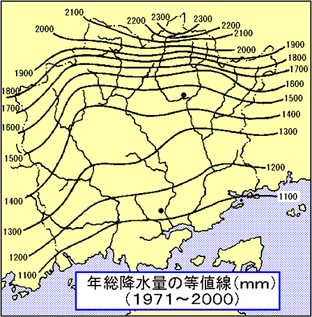 年総降水量の等値線（ｍｍ）（１９７１～２０００）